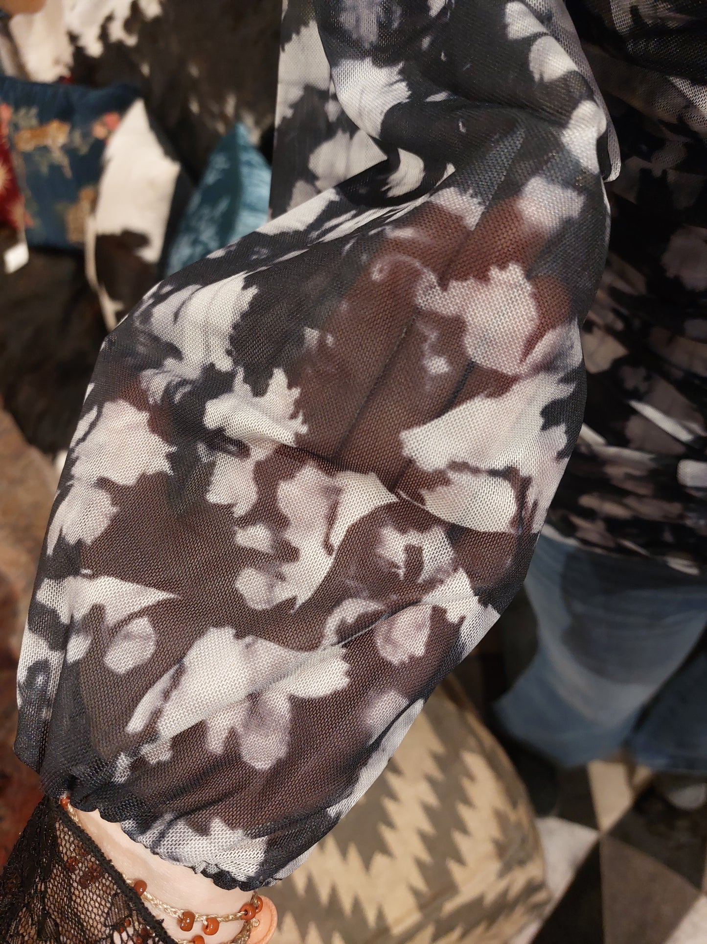 Square Neck Mesh Ruched Top - Black