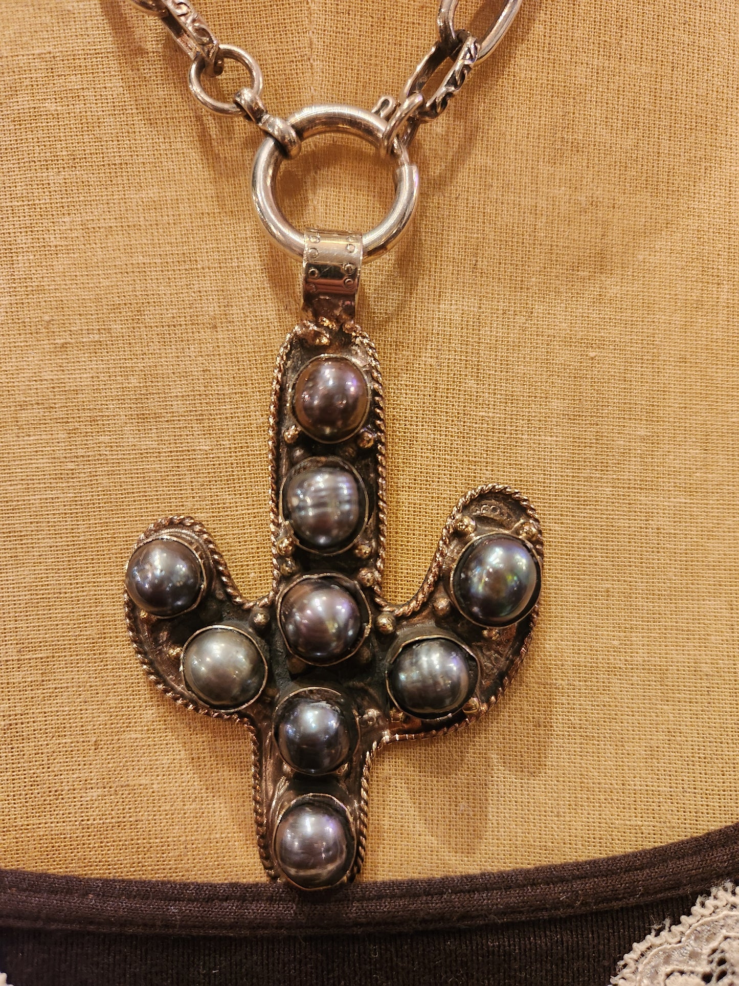 OOAK Cactus Shape Vintage Necklace - Black Pearl