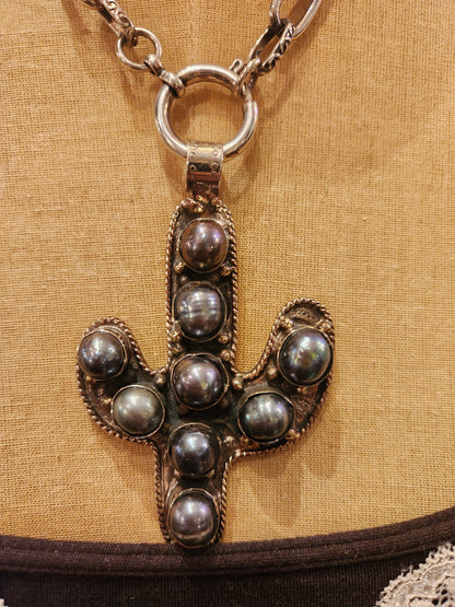 OOAK Cactus Shape Vintage Necklace - Black Pearl