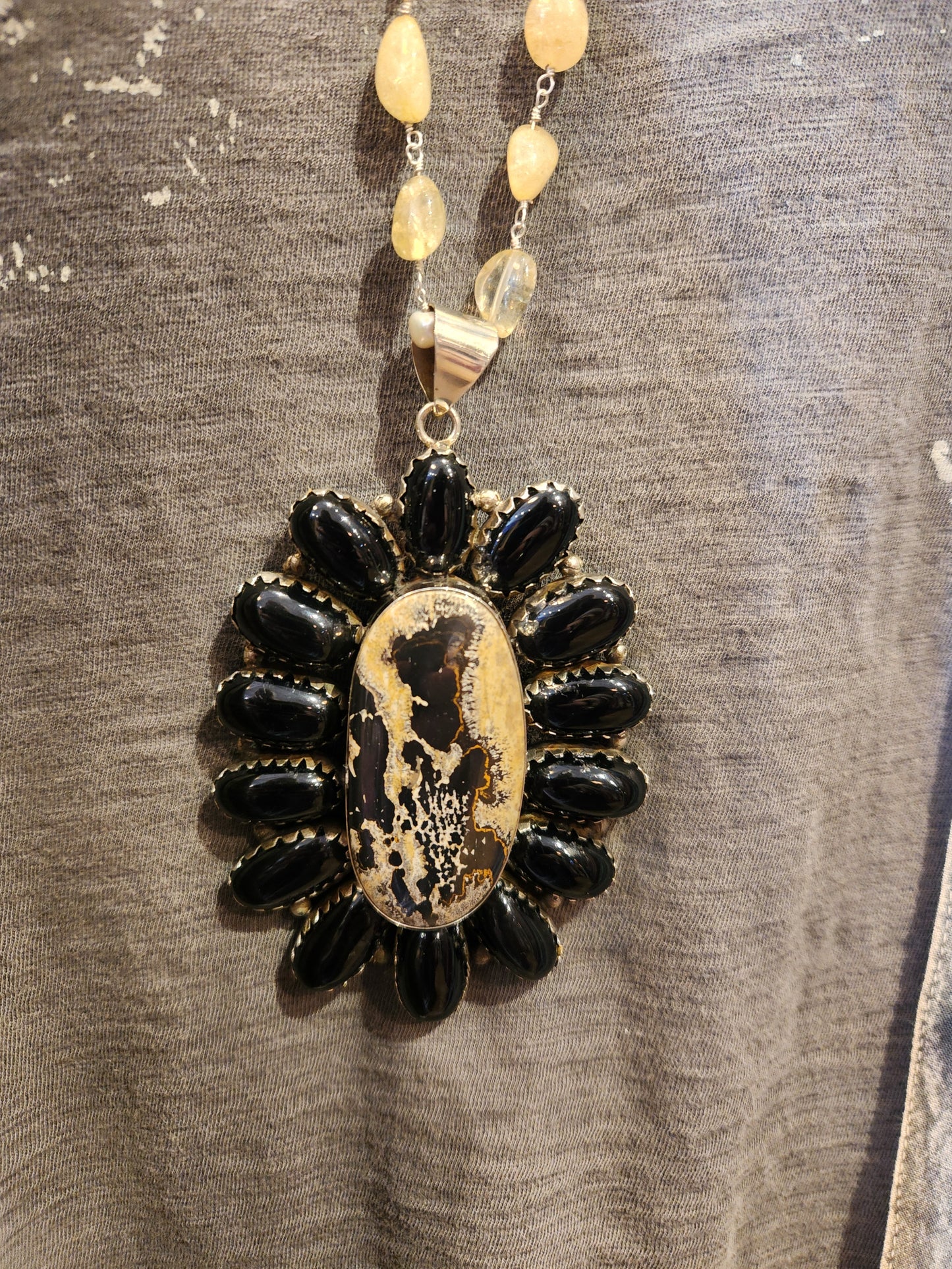 Jasper and Obsidian Pendant with Yellow Quartz Beaded Chain