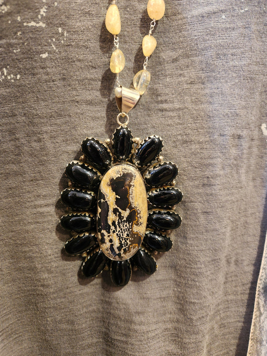 Jasper and Obsidian Pendant with Yellow Quartz Beaded Chain