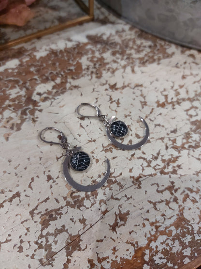 Real Spiderweb Silver Tone Moon Earrings - A