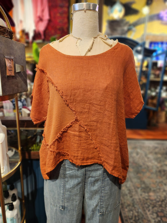 Wide Neck Frayed Linen Top