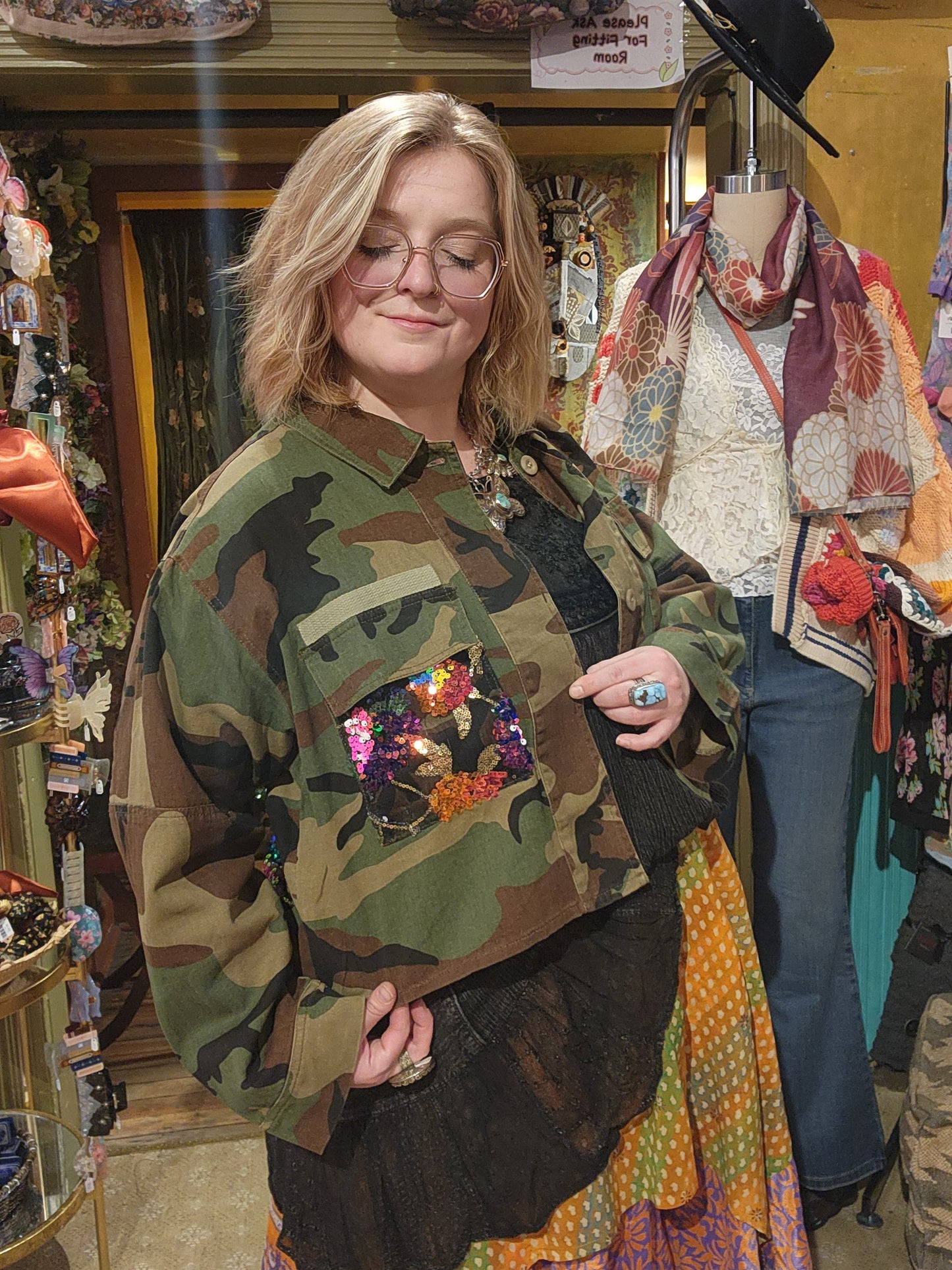 Curve Camo Sequins Contrast Jacket