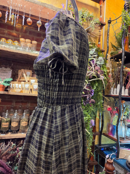 Green Check Shirred Bodice Tie Detail Midi Dress