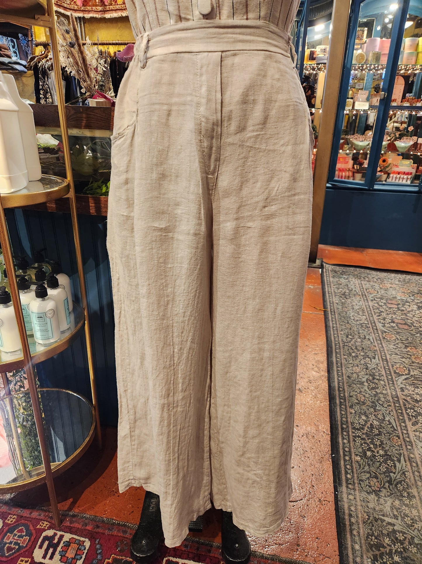 Linen, Elastic Waist  Pants - Sand