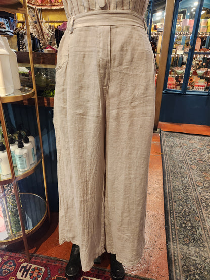 Linen, Elastic Waist  Pants - Sand