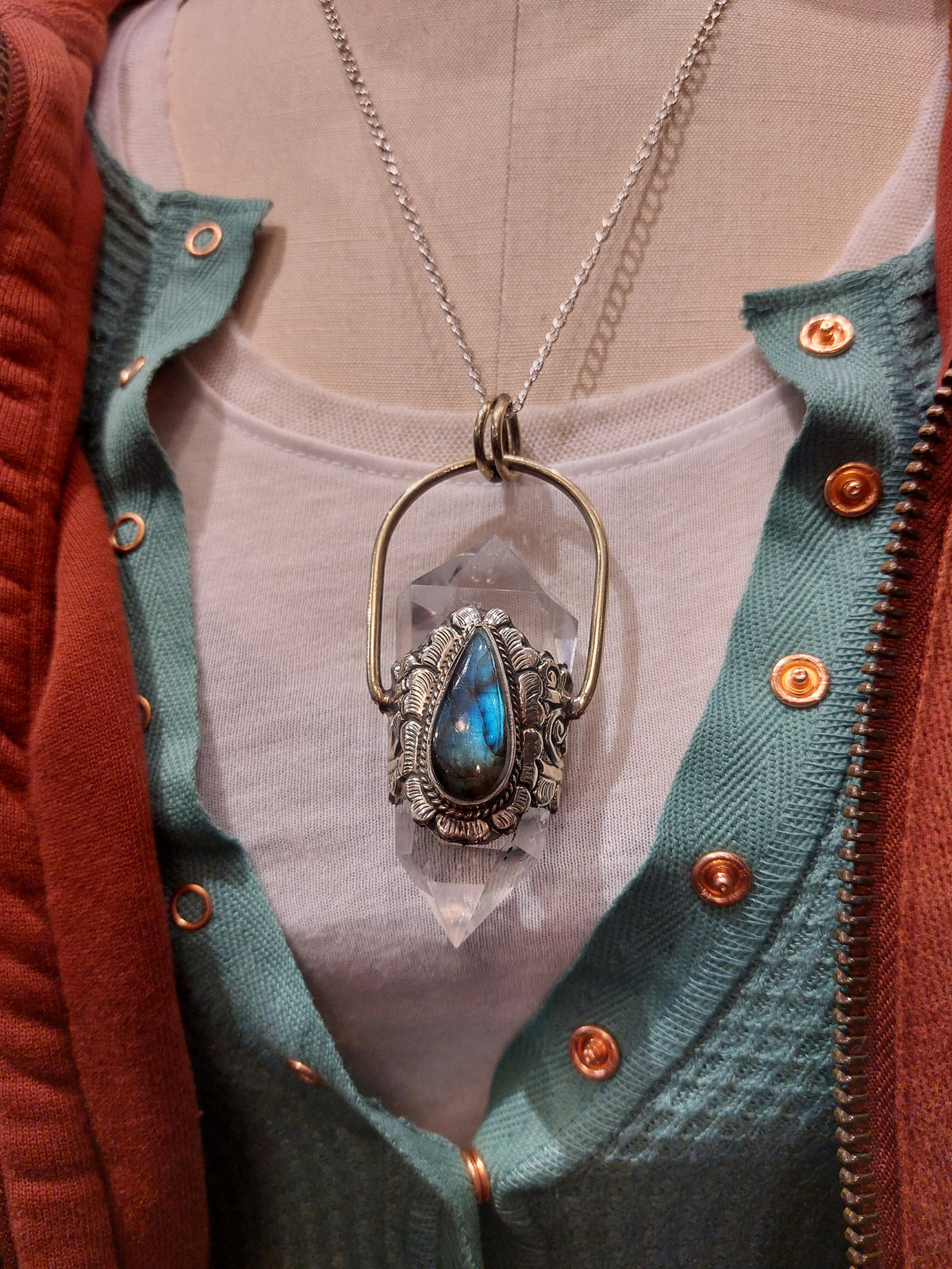 Crystal and Teardrop Labradorite Drop Pendant with Chain
