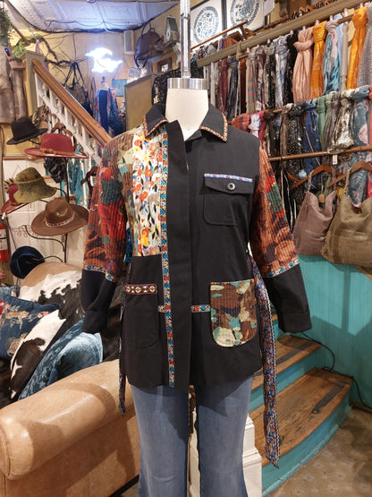 Belted Mixed Media Jacket - Black