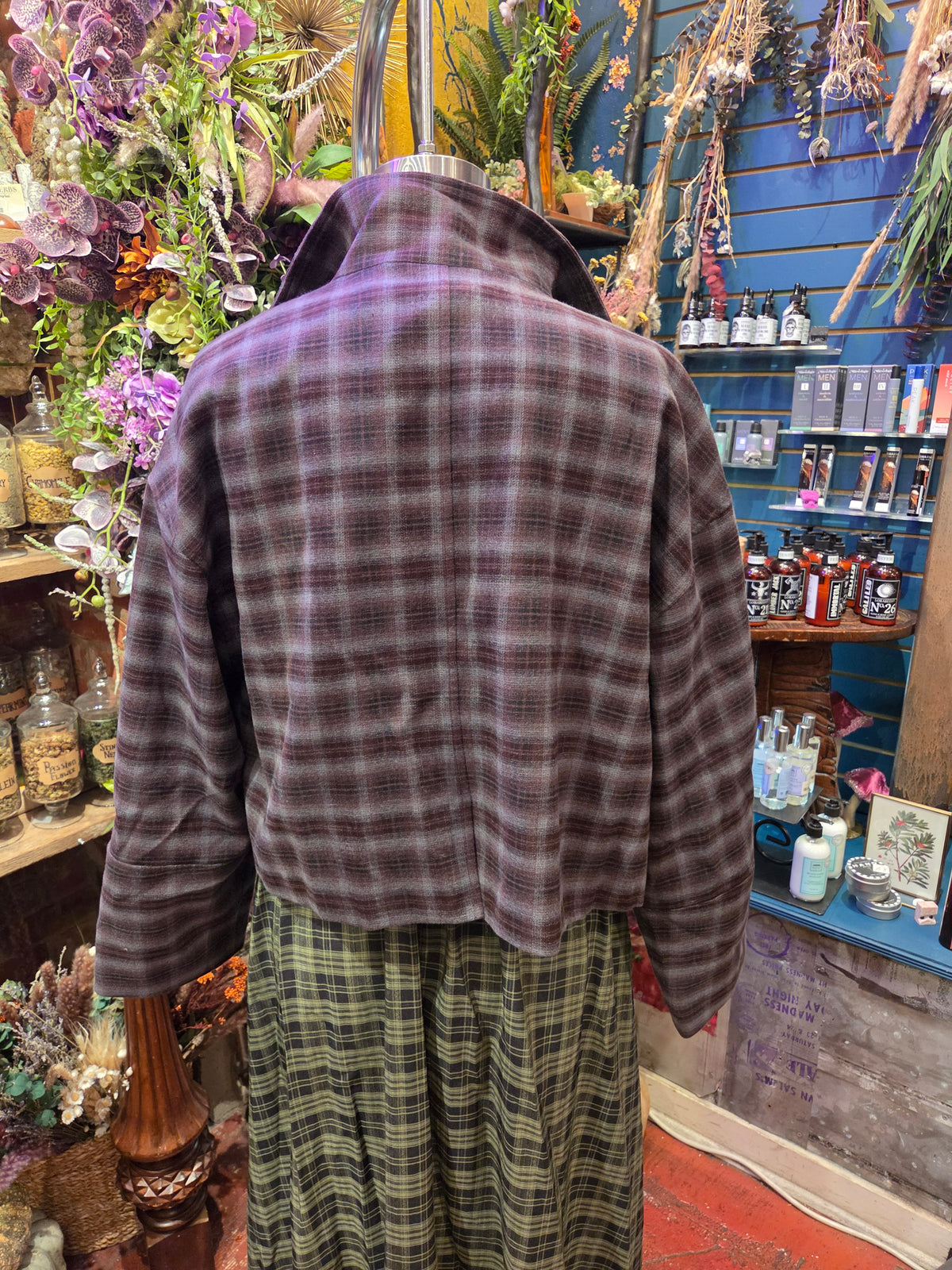 Brown/Blue Funnel Neck Short Coat