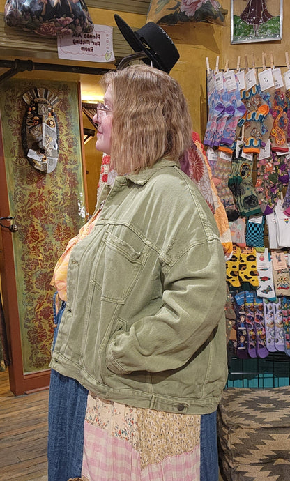 Curve Pleated Back Denim Jacket - Olive