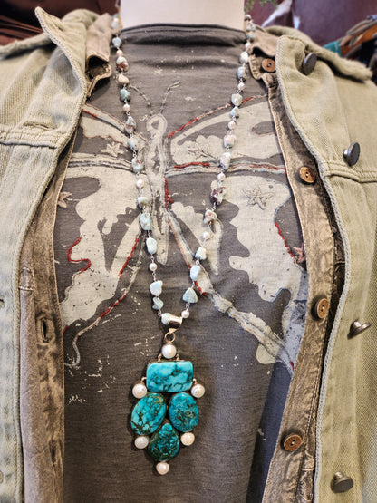 Turquoise Statement Pendant with Larimar Beaded Chain