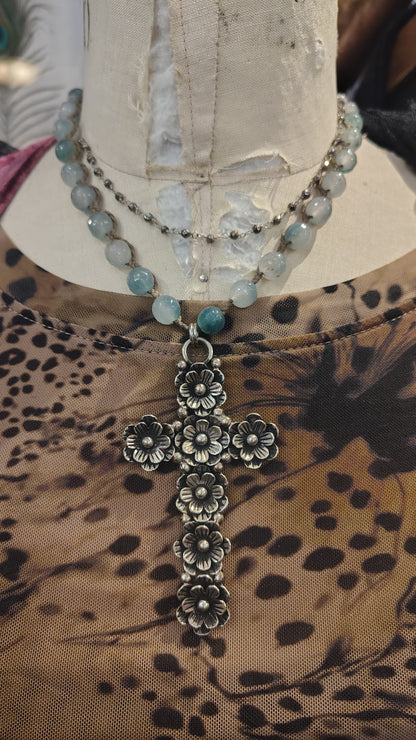 Silver Flowered Cross Necklace
