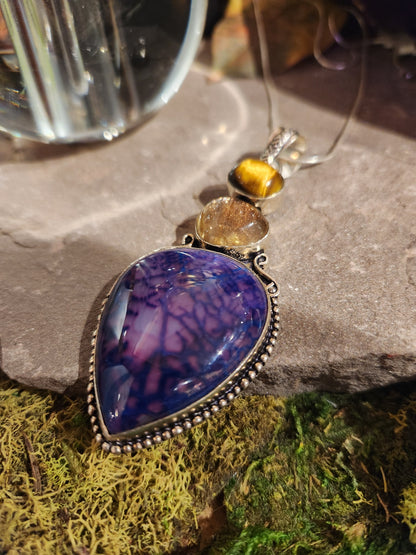 Dyed Purple Agate Gold Rutilated Quartz Tigers Eye Pendant