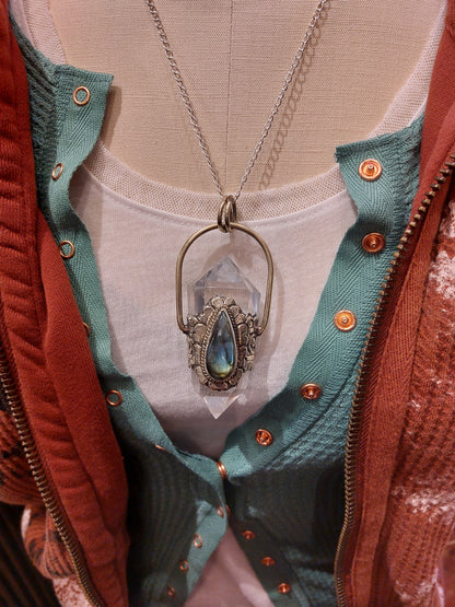 Crystal and Teardrop Labradorite Drop Pendant with Chain