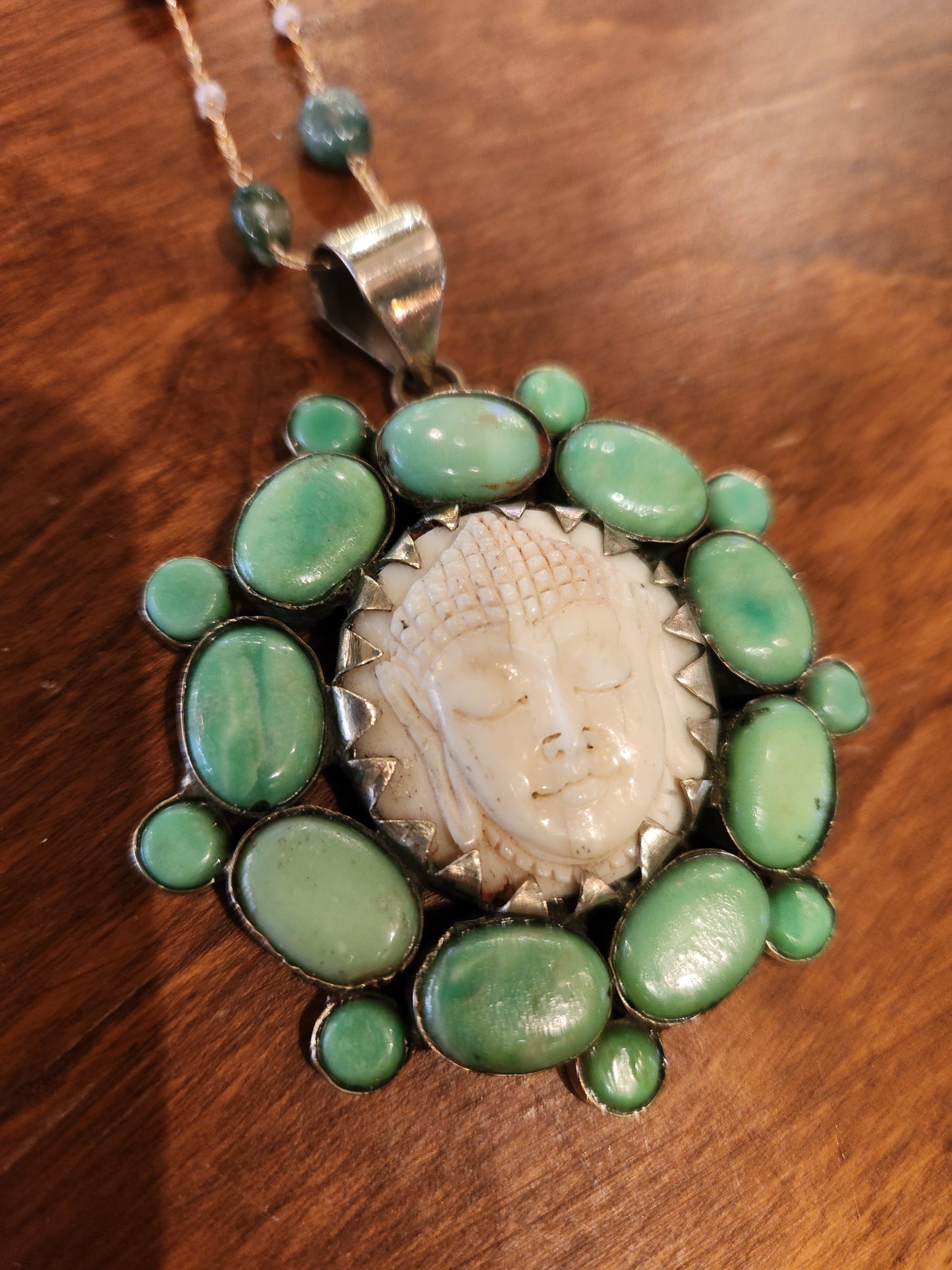 Buddha Carved Bone Pendant with Agate Beaded Chain
