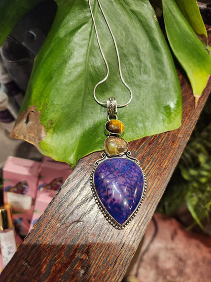 Dyed Purple Agate Gold Rutilated Quartz Tigers Eye Pendant