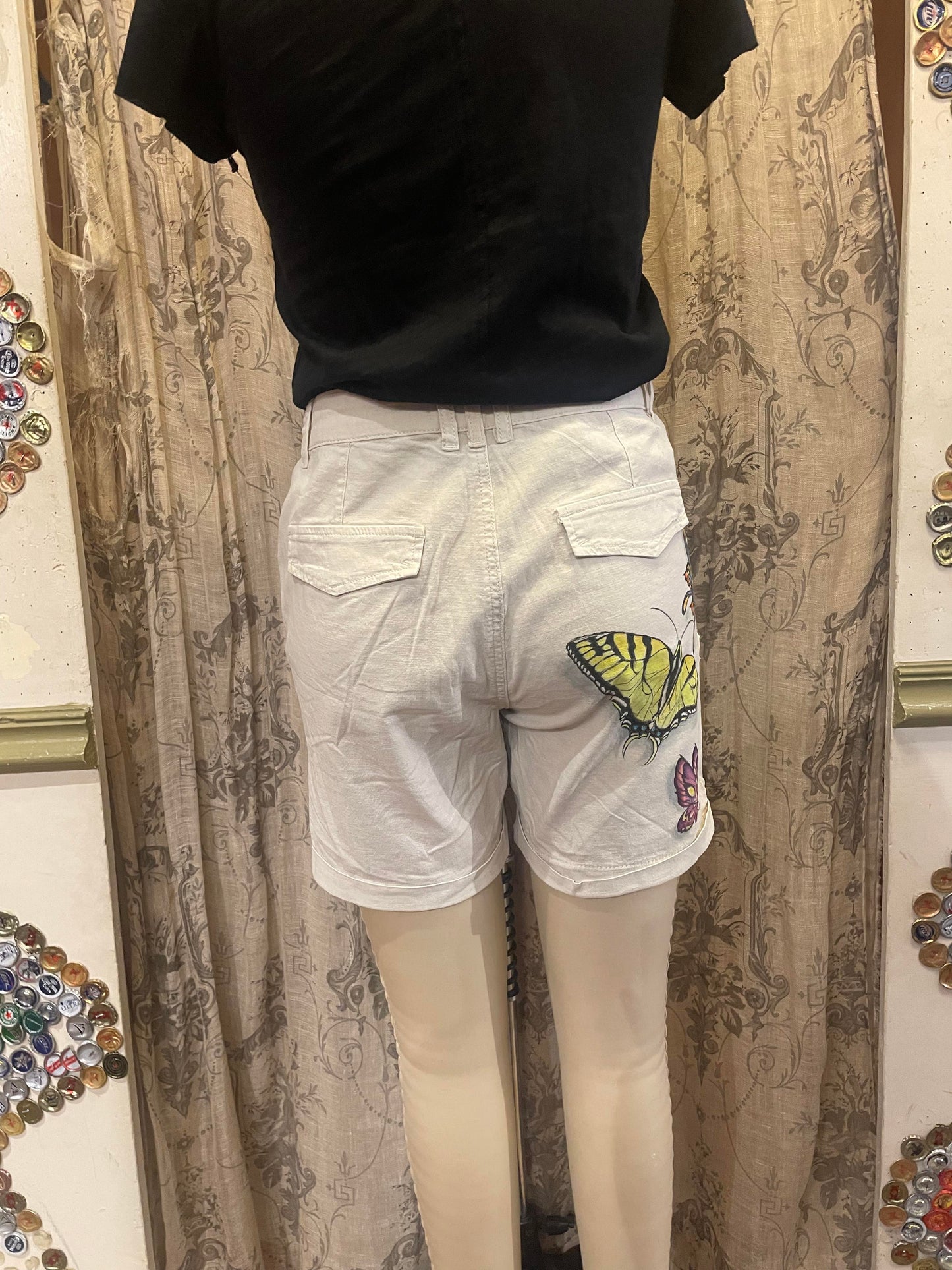 Butterfly Rolled Hem Painted Mid-Rise Shorts