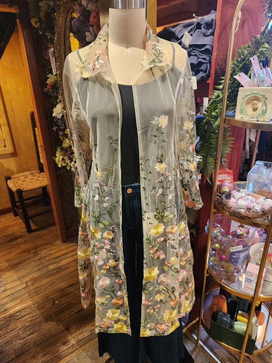 Embroidered Floral Mesh Duster - Multiple Colors