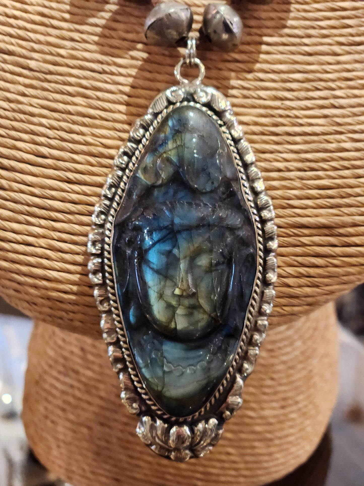Buddha Carved Labradorite Pendant with Metal Beaded Necklace