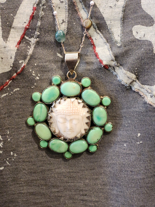 Buddha Carved Bone Pendant with Agate Beaded Chain
