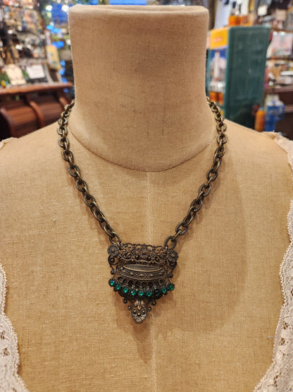 OOAK Vintage Sash Belt Necklace with Green Gems