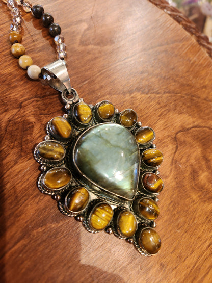 Labradorite and Tigers Eye Pendant with Mixed Stone Necklace