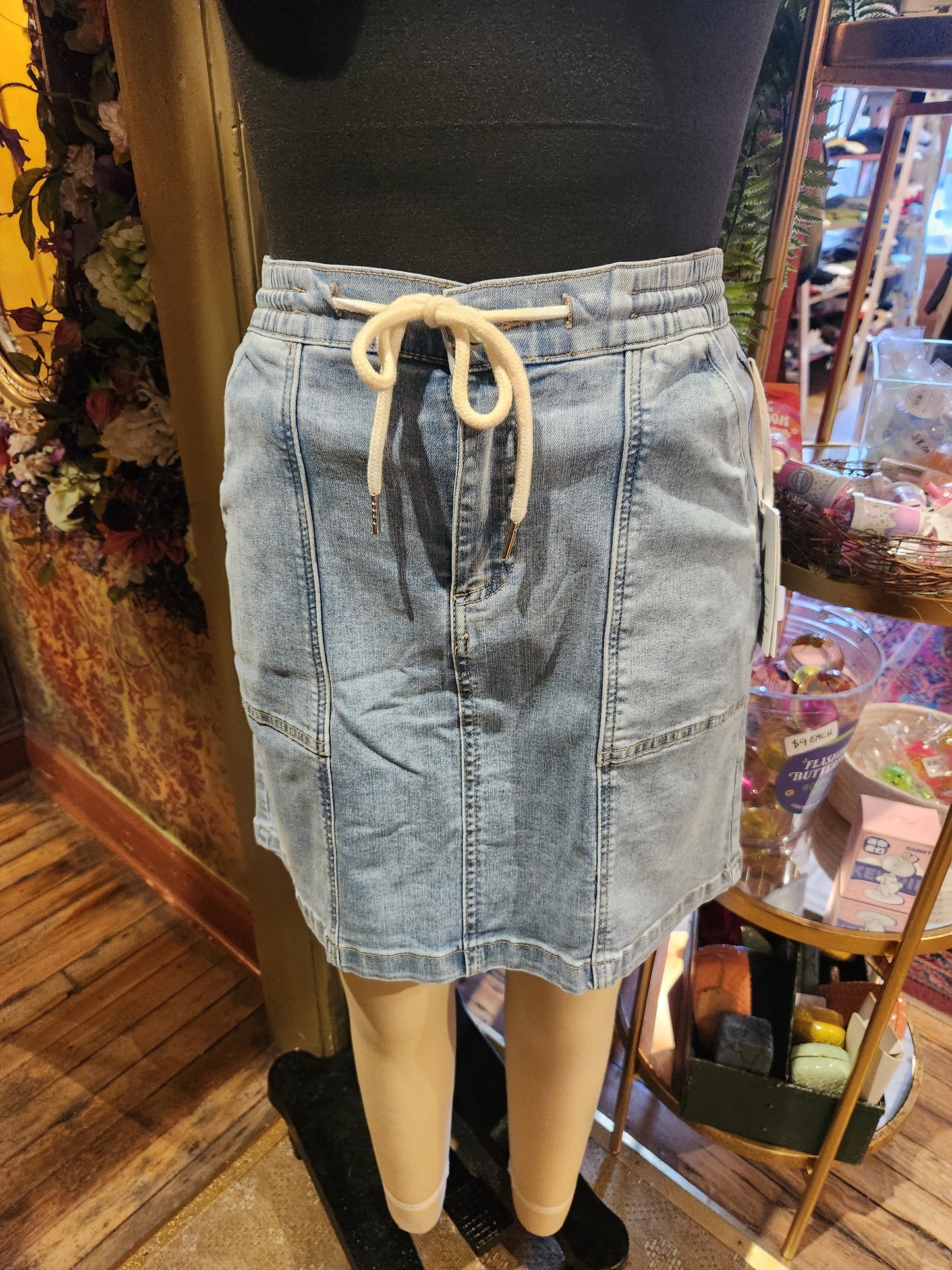 Drawstring Denim Skort with Patch Pockets