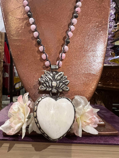 Pink Opal and Carved Bone Heart Necklace