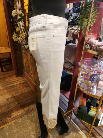 Denim Flare Pants with Lace at Hem
