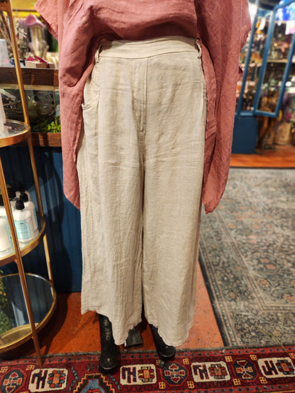Linen, Elastic Waist  Pants - Sand