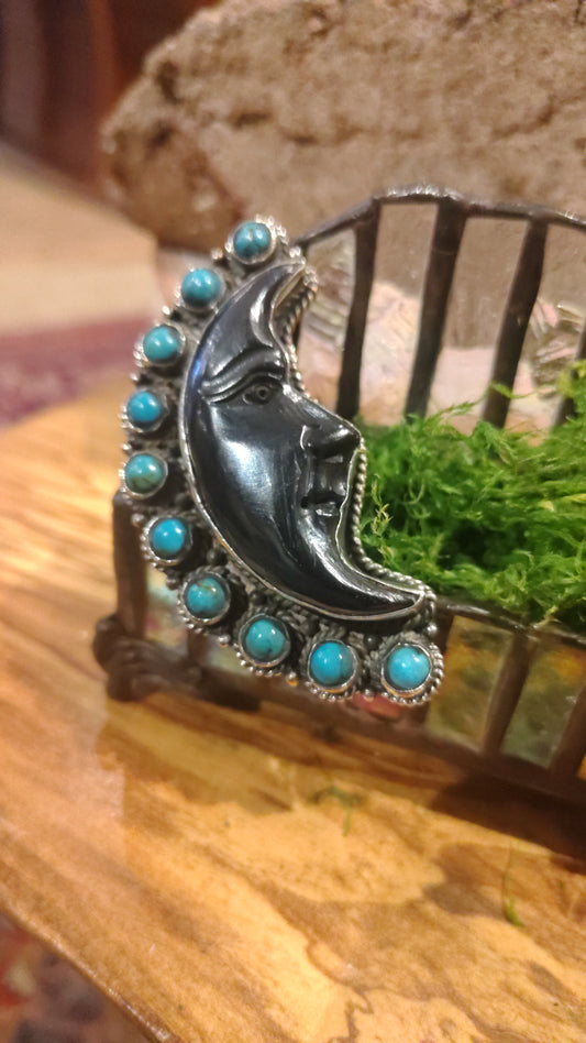 Bone Carved Turquoise Moon Ring