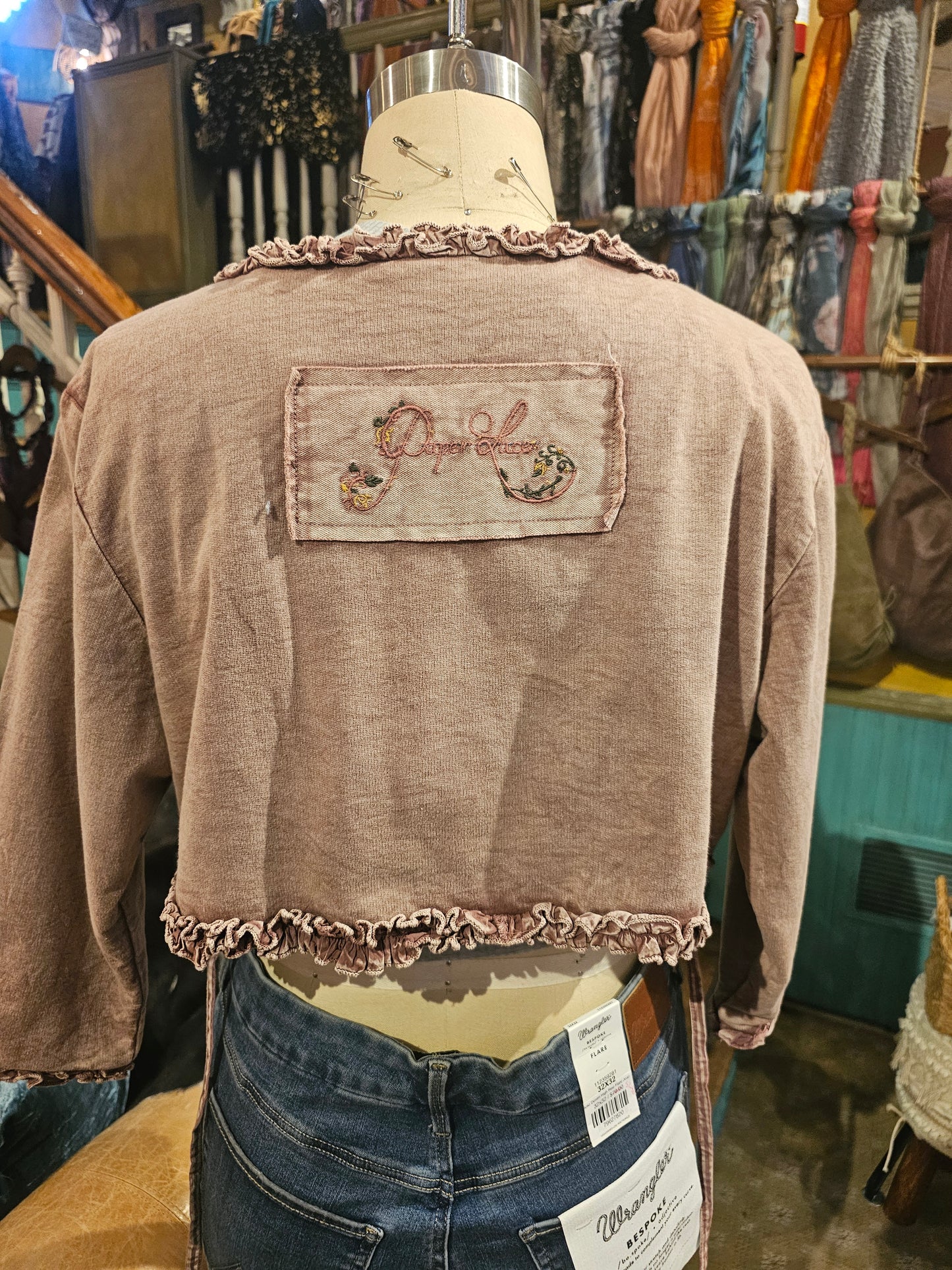 Short Jacket w/ Small Ruching & Hand Made Fabric Flowers - Brown