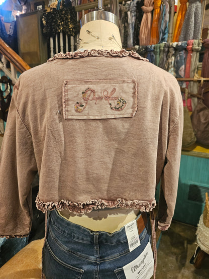 Short Jacket w/ Small Ruching & Hand Made Fabric Flowers - Brown