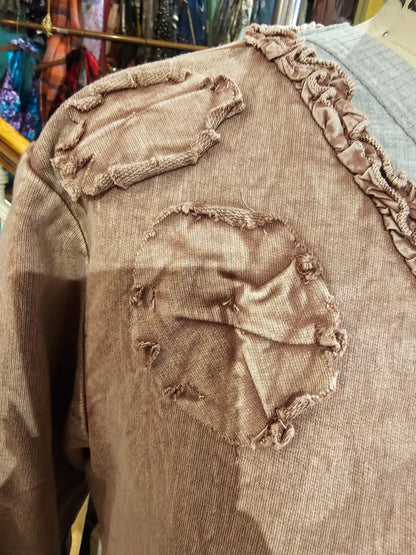 Short Jacket w/ Small Ruching & Hand Made Fabric Flowers - Brown
