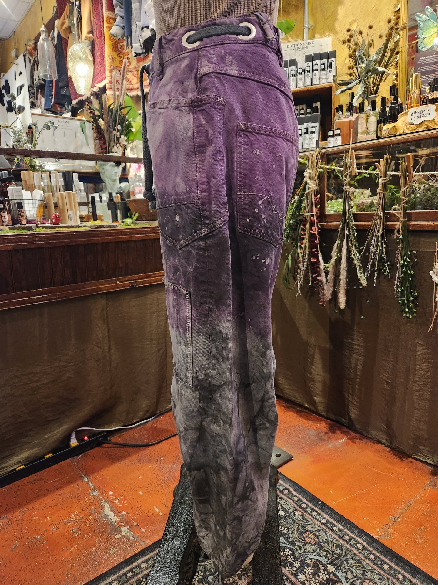 Hand Dyed Moxie Low Slung Drawstring Jeans - Purple/Black Ombre