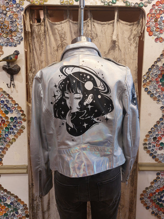 Holographic Space Girl Painted Leather Jacket
