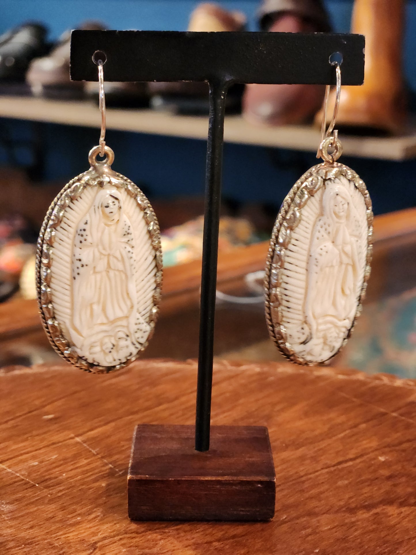 Mother Mary Carved Bone Earrings