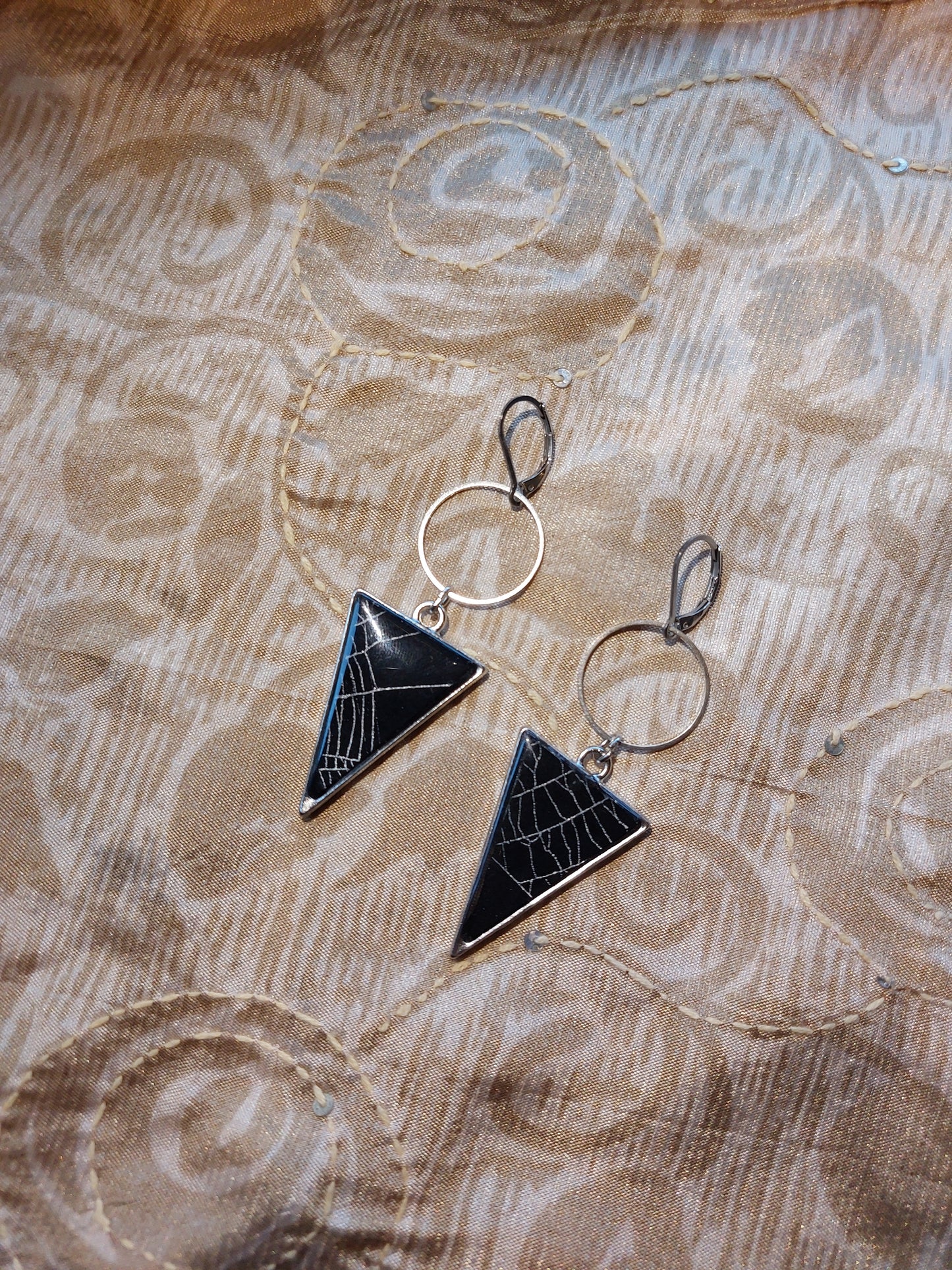 Real Spiderweb Silver tone Triangle Earrings - B