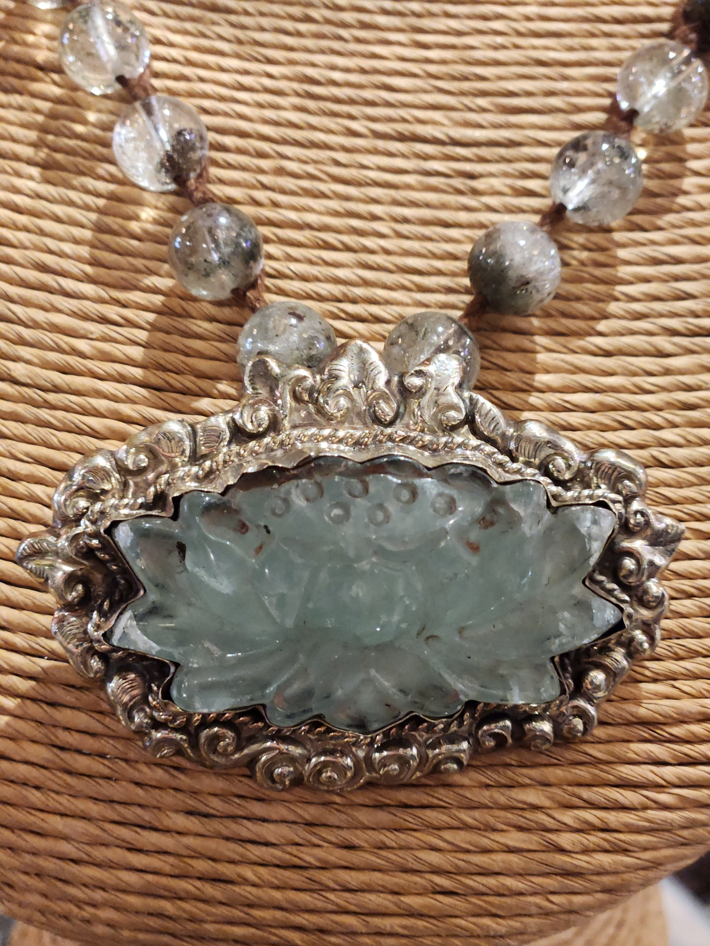 Carved Jade Lotus Pendant with Jasper Beaded Necklace