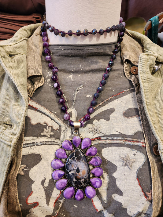 Sugilite and Jasper Statement Pendant with Agate Beaded Necklace