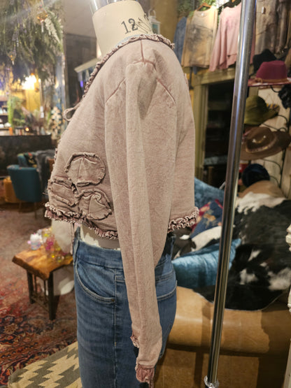 Short Jacket w/ Small Ruching & Hand Made Fabric Flowers - Brown