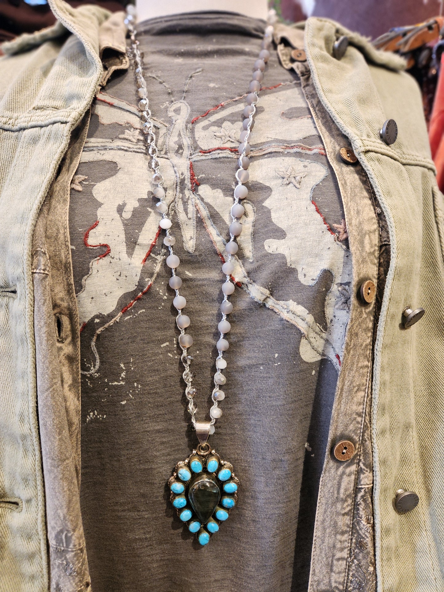 Labradorite and Turquoise Pendant with Mixed Beaded Necklace