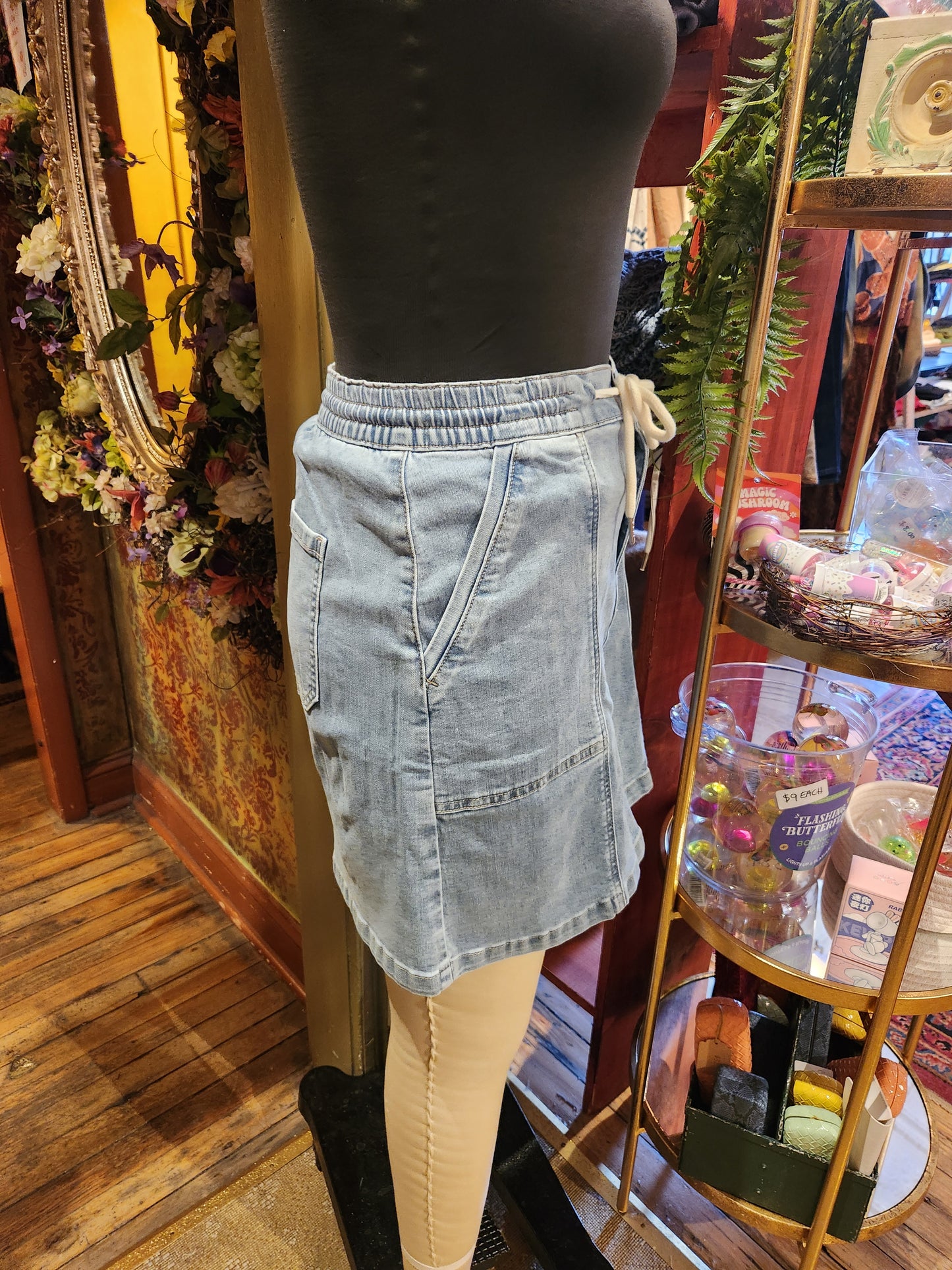 Drawstring Denim Skort with Patch Pockets