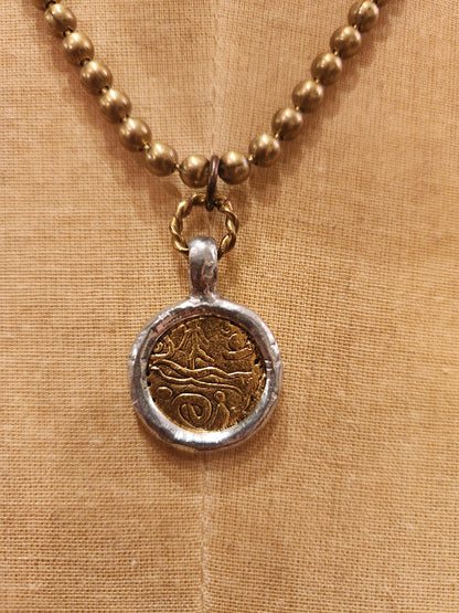 Mixed Metal Medallion Plated Necklace Vintage Reproduction - Gold with Silver Edge