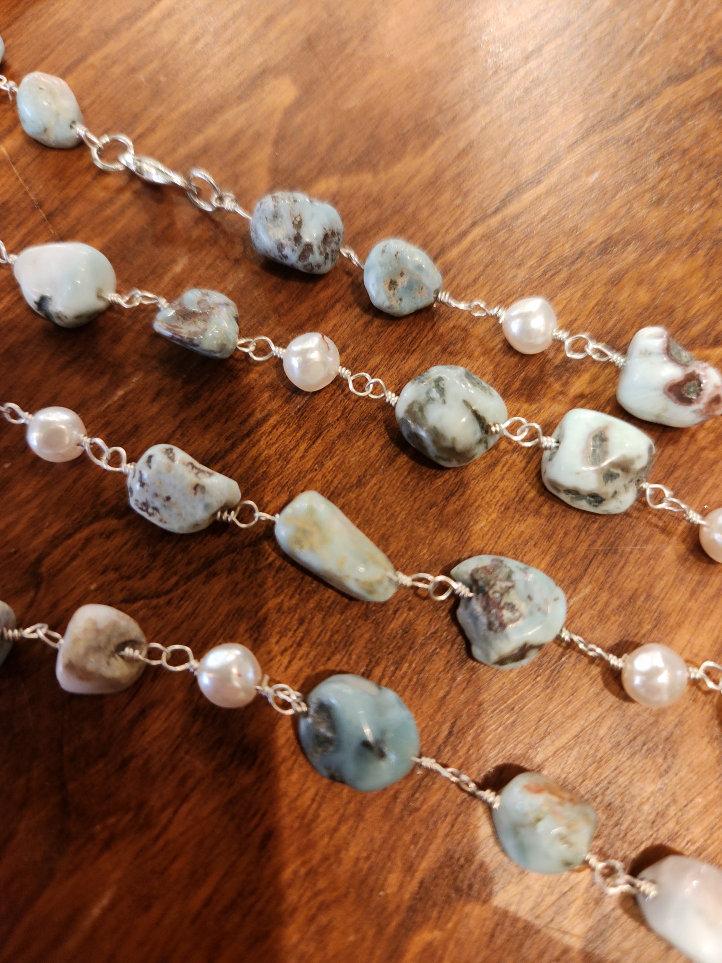 Kyanite and Chalcedony Pendant with Larimar Beaded Chain