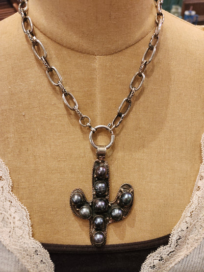 OOAK Cactus Shape Vintage Necklace - Black Pearl