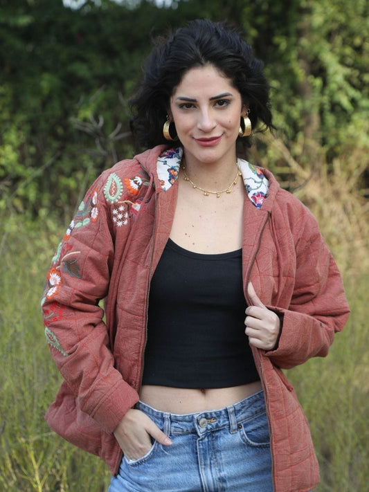 Embroidered Hooded Jacket - Rust