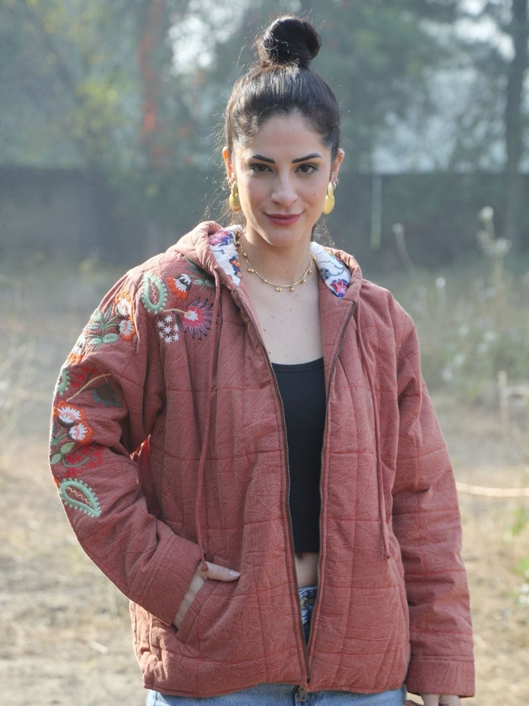 Embroidered Hooded Jacket - Rust