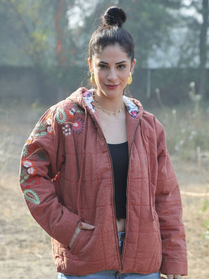 Embroidered Hooded Jacket - Rust